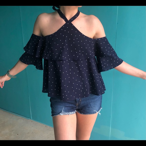 She + Sky polka dot cold shoulder navy blue top. - Picture 3 of 7